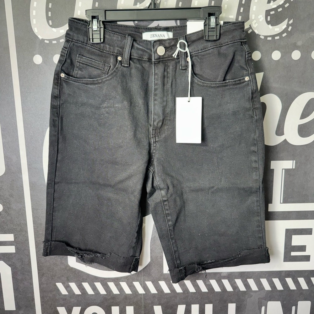 Zenana Black Rolled Hem Denim Shorts